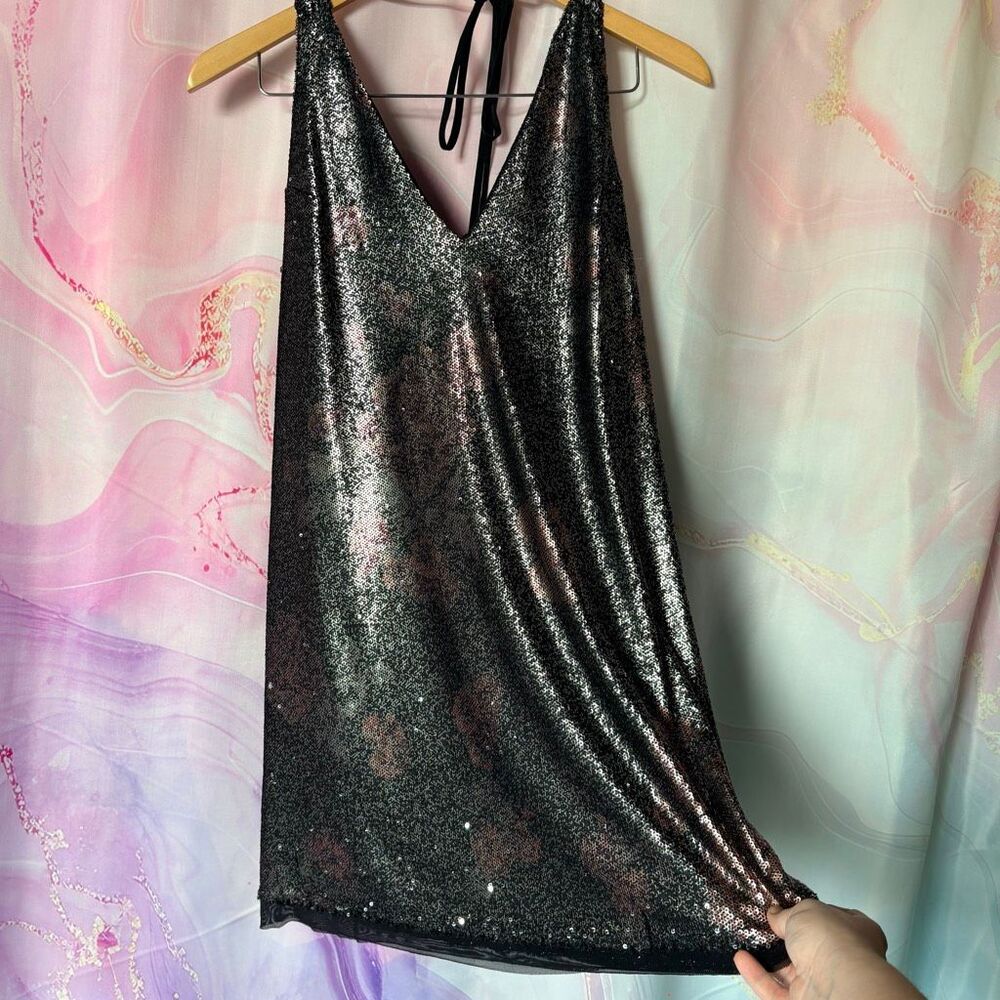 Free People Black Iridescent Sequin Halter Mini Dress